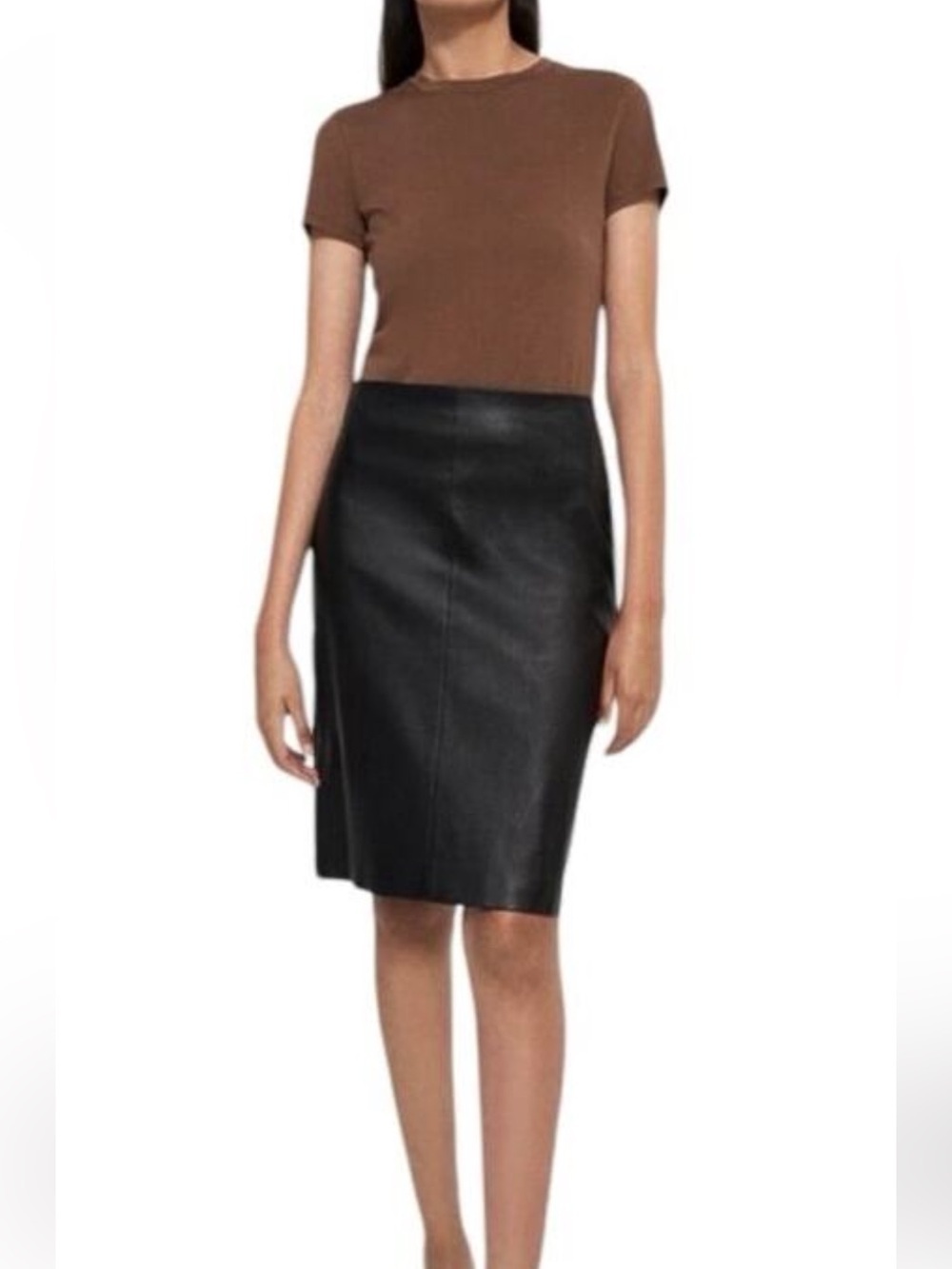Theory Rib Combo Classic Lamb Leather & Wool Black Pencil Skirt - Large